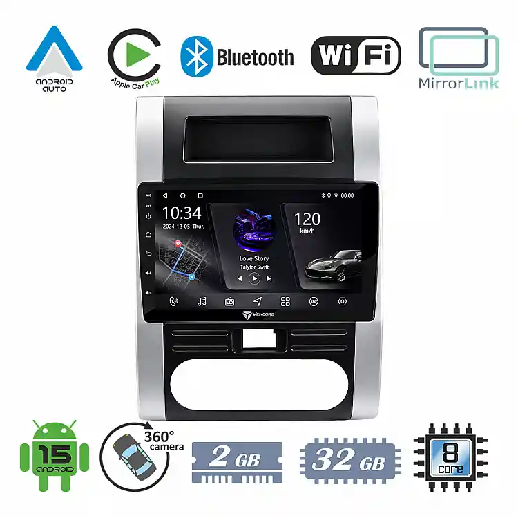 VenCore 3236-10006-0223S - Οθόνη Multimedia Android 15 10.1" PX5S Octa-Core 2GB/32GB IPS με Πρόσοψη, CarPlay, Android Auto και Υποστήριξη Κάμερας 360° για Nissan X-Trail 2007-2013 – Ασημί