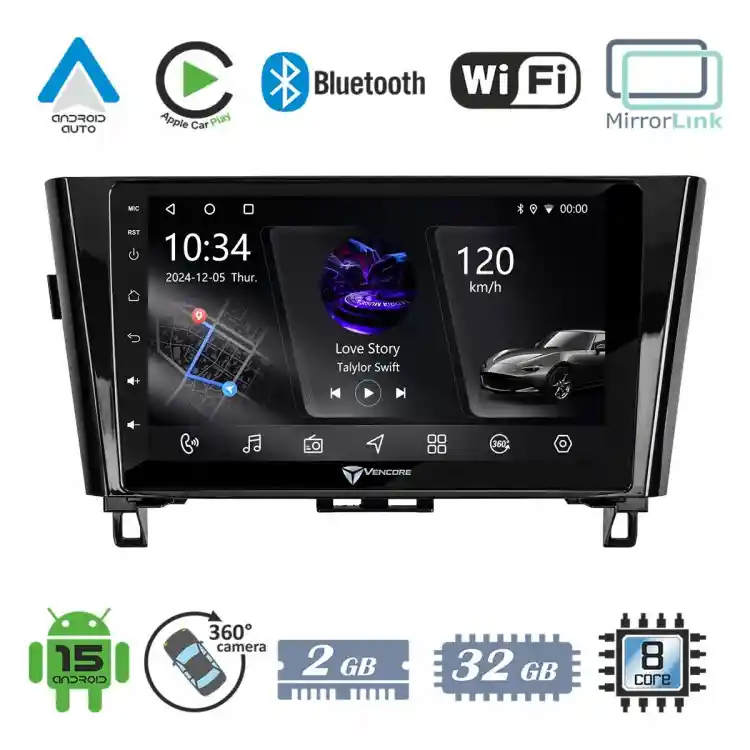 VenCore 3236-10006-0328B - Οθόνη Multimedia Android 15 10.1" PX5S Octa-Core 2GB/32GB IPS με Πρόσοψη, CarPlay, Android Auto και Υποστήριξη Κάμερας 360° για Nissan Qashqai 2014-2021 – Μαύρη