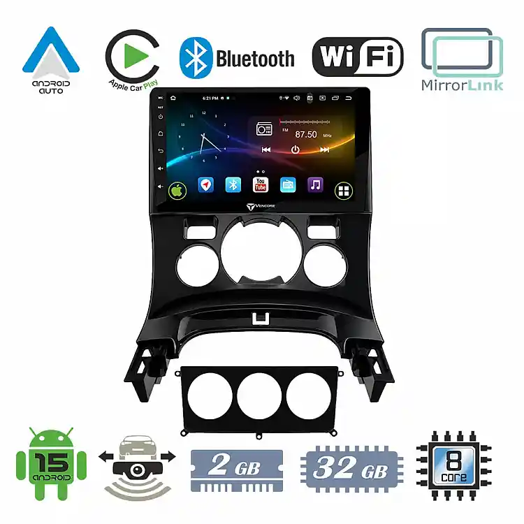 VenCore 3236-10007-0163B - Οθόνη Multimedia Android 15 9" 9109A MTK6762 Octa-Core 2GB/32GB IPS με Πρόσοψη, CarPlay, Android Auto και Υποστήριξη Κάμερας Οπισθοπορείας AHD για Peugeot 3008 2008-2016 – Μαύρη
