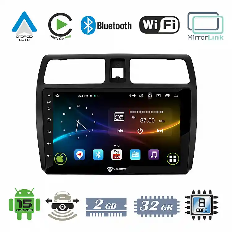 VenCore 3236-10008-0255B - Οθόνη Multimedia Android 15 10.1" 9109A MTK6762 Octa-Core 2GB/32GB IPS με Πρόσοψη, CarPlay, Android Auto και Υποστήριξη Κάμερας Οπισθοπορείας AHD για Suzuki Swift 2005-2010 – Μαύρη