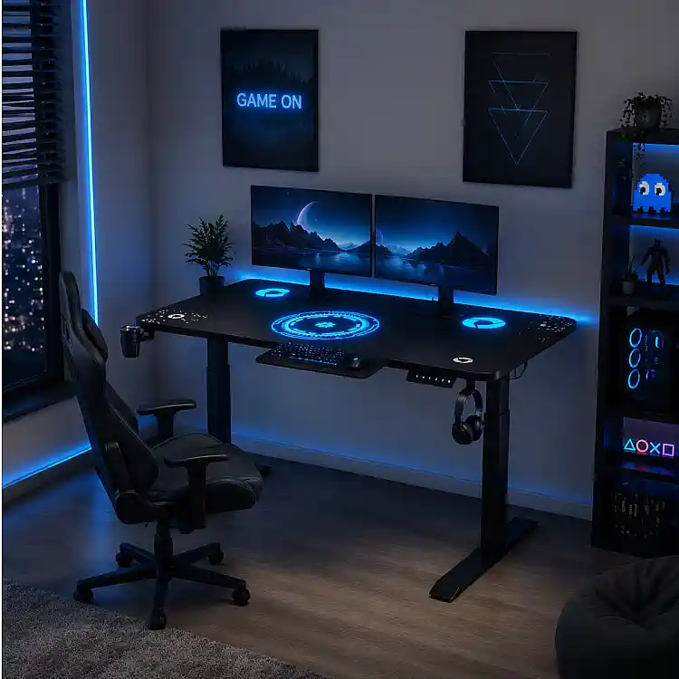 VenCore 2730-10007 - Gaming Desk Adjustable 120x60x72-112cm Black - Μοντέρνο Γραφείο Ρυθμιζόμενου Ύψους με Λειτουργία Μνήμης Gaming VenCore Μοριοσανίδας Carbon Fiber με Μεταλλικά Πόδια Μαύρο Μ120 x Π60 x Υ72-112cm