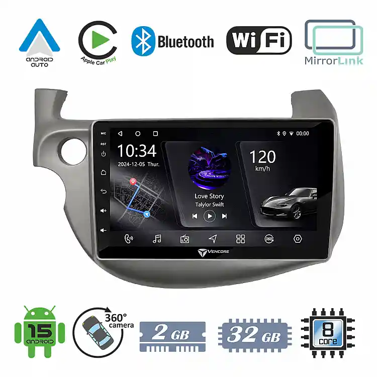 VenCore 3236-10006-0197S - Οθόνη Multimedia Android 15 10.1" PX5S Octa-Core 2GB/32GB IPS με Πρόσοψη, CarPlay, Android Auto και Υποστήριξη Κάμερας 360° για Honda Jazz 2009-2013 – Ασημί