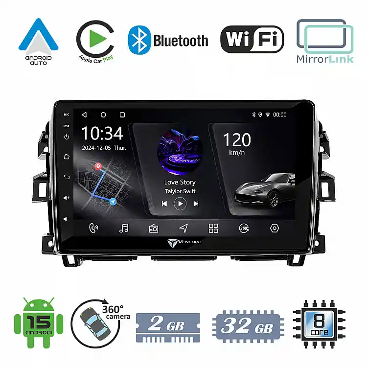 VenCore 3236-10006-0265B - Οθόνη Multimedia Android 15 10.1" PX5S Octa-Core 2GB/32GB IPS με Πρόσοψη, CarPlay, Android Auto και Υποστήριξη Κάμερας 360° για Nissan Navara 2016-2022 – Μαύρη