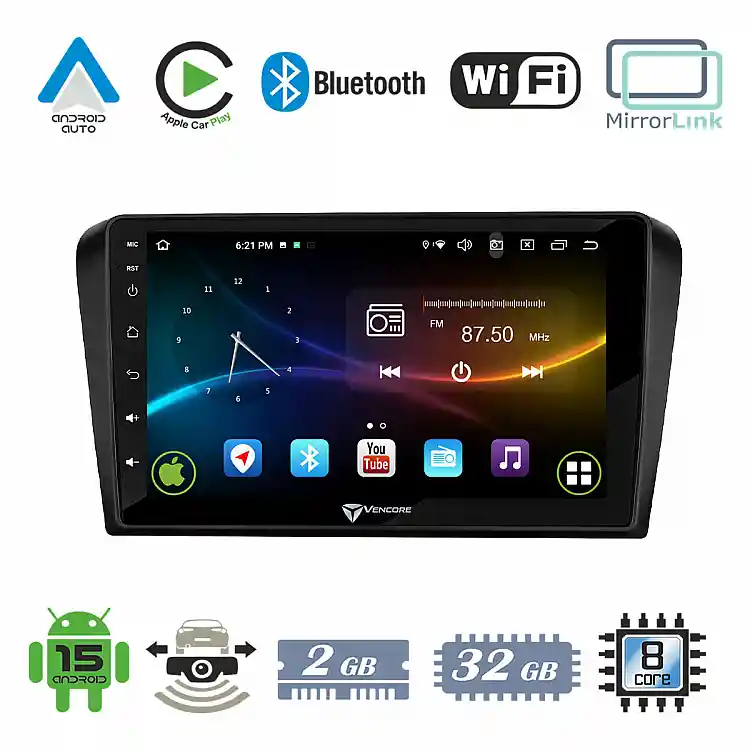 VenCore 3236-10007-0245B - Οθόνη Multimedia Android 15 9" 9109A MTK6762 Octa-Core 2GB/32GB IPS με Πρόσοψη, CarPlay, Android Auto και Υποστήριξη Κάμερας Οπισθοπορείας AHD για Mazda 3 2004-2009 – Μαύρη