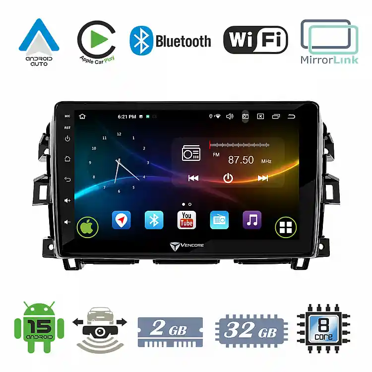 VenCore 3236-10008-0265B - Οθόνη Multimedia Android 15 10.1" 9109A MTK6762 Octa-Core 2GB/32GB IPS με Πρόσοψη, CarPlay, Android Auto και Υποστήριξη Κάμερας Οπισθοπορείας AHD για Nissan Navara 2016-2022 – Μαύρη