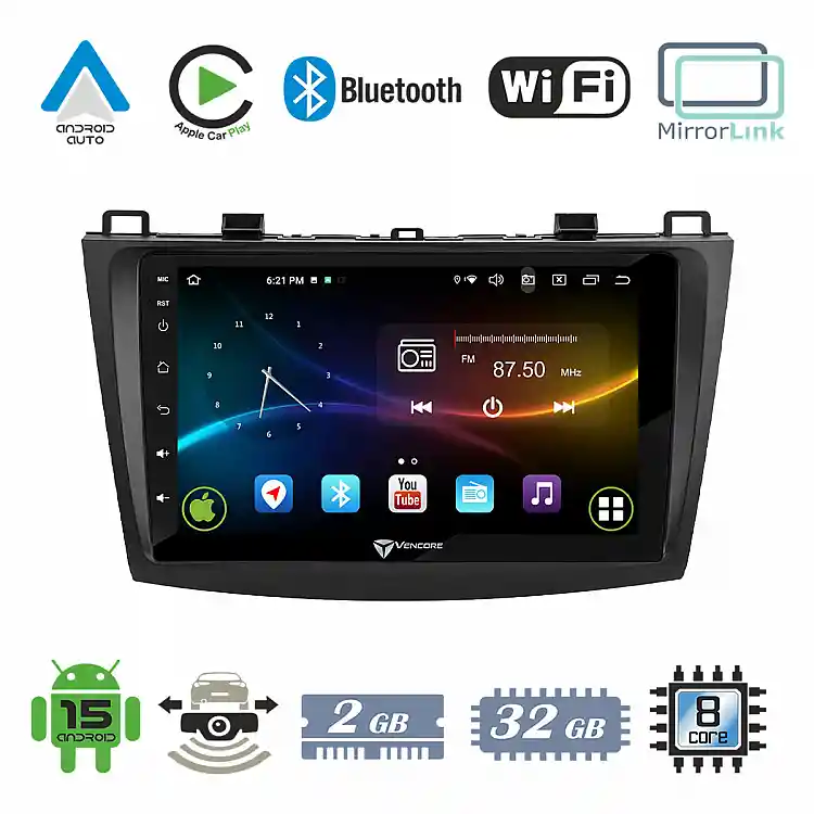 VenCore 3236-10007-0228B - Οθόνη Multimedia Android 15 9" 9109A MTK6762 Octa-Core 2GB/32GB IPS με Πρόσοψη, CarPlay, Android Auto και Υποστήριξη Κάμερας Οπισθοπορείας AHD για Mazda 3 2009-2014 – Μαύρη