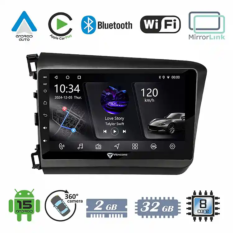 VenCore 3236-10005-0149B - Οθόνη Multimedia Android 15 9" PX5S Octa-Core 2GB/32GB IPS με Πρόσοψη, CarPlay, Android Auto και Υποστήριξη Κάμερας 360° για Honda Civic 2012-2015 – Μαύρη