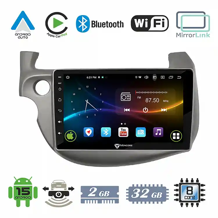 VenCore 3236-10008-0197S - Οθόνη Multimedia Android 15 10.1" 9109A MTK6762 Octa-Core 2GB/32GB IPS με Πρόσοψη, CarPlay, Android Auto και Υποστήριξη Κάμερας Οπισθοπορείας AHD για Honda Jazz 2009-2013 – Ασημί