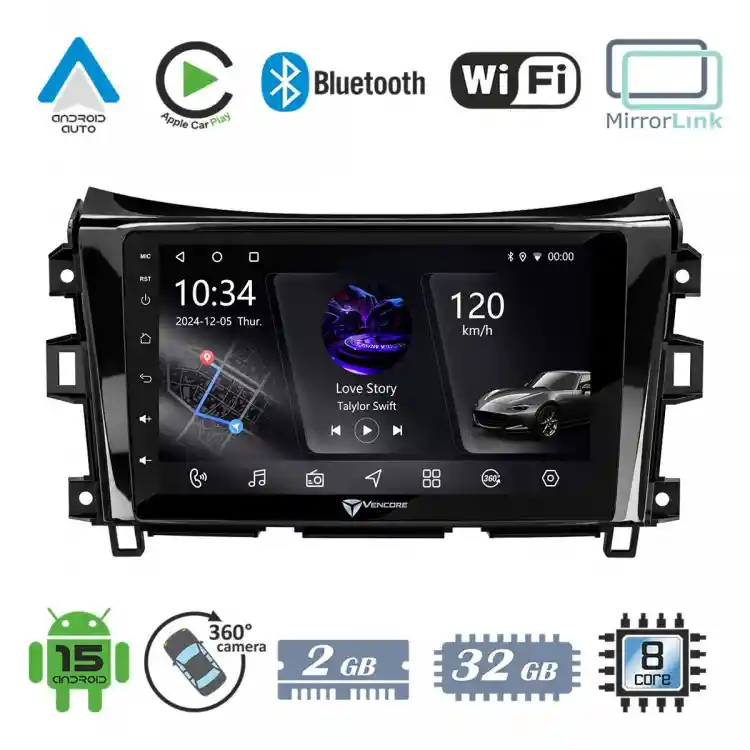 VenCore 3236-10005-0340B - Οθόνη Multimedia Android 15 9" PX5S Octa-Core 2GB/32GB IPS με Πρόσοψη, CarPlay, Android Auto και Υποστήριξη Κάμερας 360° για Nissan Navara 2016-2022 – Μαύρη