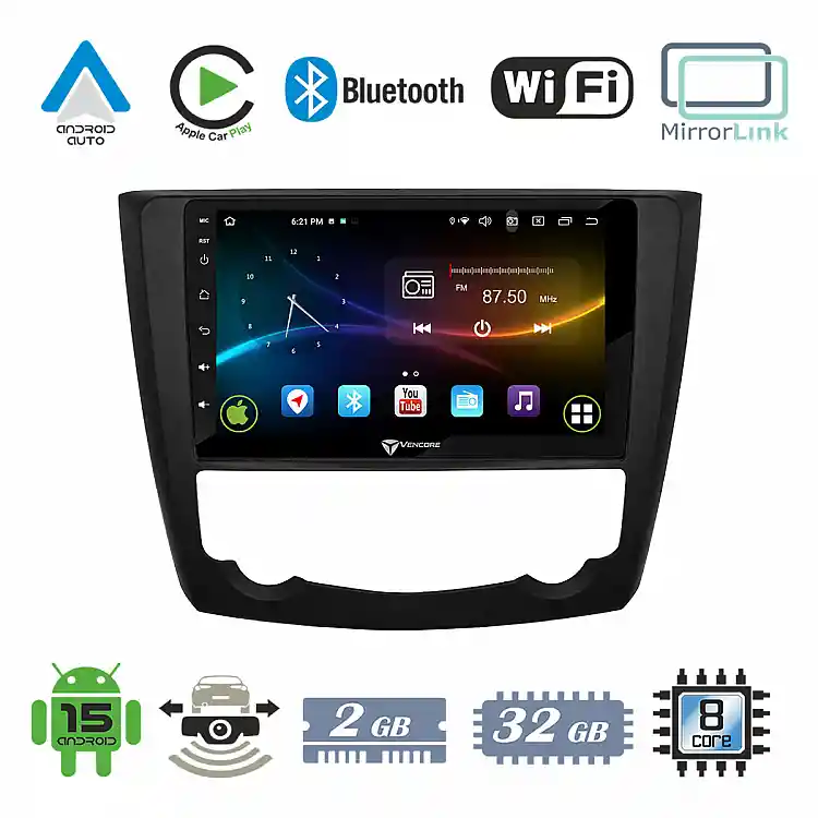 VenCore 3236-10007-0218B - Οθόνη Multimedia Android 15 9" 9109A MTK6762 Octa-Core 2GB/32GB IPS με Πρόσοψη, CarPlay, Android Auto και Υποστήριξη Κάμερας Οπισθοπορείας AHD για Renault Kadjar 2015-2023 – Μαύρη