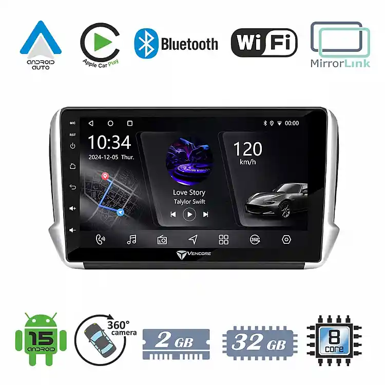 VenCore 3236-10006-0164B - Οθόνη Multimedia Android 15 10.1" PX5S Octa-Core 2GB/32GB IPS με Πρόσοψη, CarPlay, Android Auto και Υποστήριξη Κάμερας 360° για Peugeot 208/2008 2012-2016 – Μαύρη