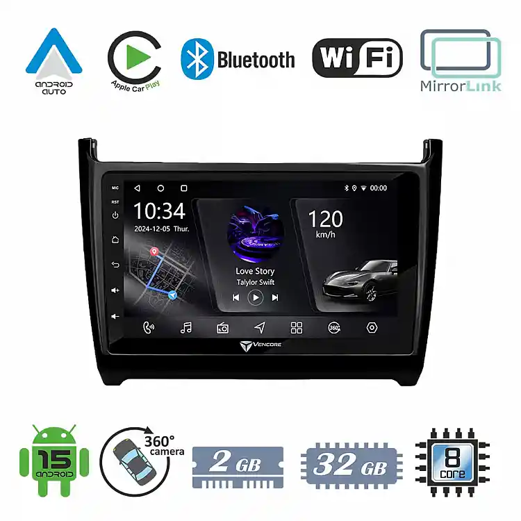 VenCore 3236-10005-0069B - Οθόνη Multimedia Android 15 9" PX5S Octa-Core 2GB/32GB IPS με Πρόσοψη, CarPlay, Android Auto και Υποστήριξη Κάμερας 360° για VW Polo 2009-2017 – Μαύρη