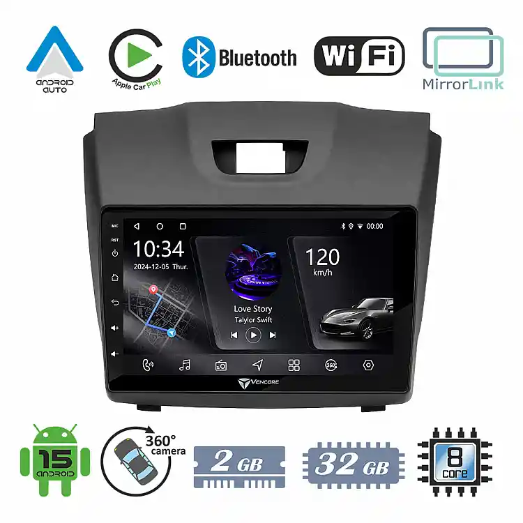 VenCore 3236-10005-0588B - Οθόνη Multimedia Android 15 9" PX5S Octa-Core 2GB/32GB IPS με Πρόσοψη, CarPlay, Android Auto και Υποστήριξη Κάμερας 360° για Isuzu D-MAX 2012-2019 – Μαύρη