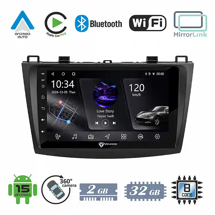 VenCore 3236-10005-0228B - Οθόνη Multimedia Android 15 9" PX5S Octa-Core 2GB/32GB IPS με Πρόσοψη, CarPlay, Android Auto και Υποστήριξη Κάμερας 360° για Mazda 3 2009-2014 – Μαύρη