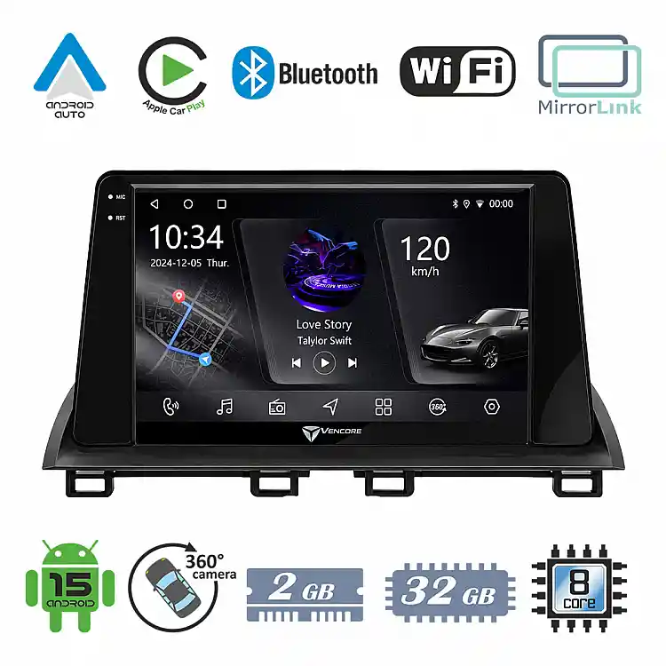 VenCore 3236-10005-0233B - Οθόνη Multimedia Android 15 9" PX5S Octa-Core 2GB/32GB IPS με Πρόσοψη, CarPlay, Android Auto και Υποστήριξη Κάμερας 360° για Mazda 6 2008-2012 – Μαύρη