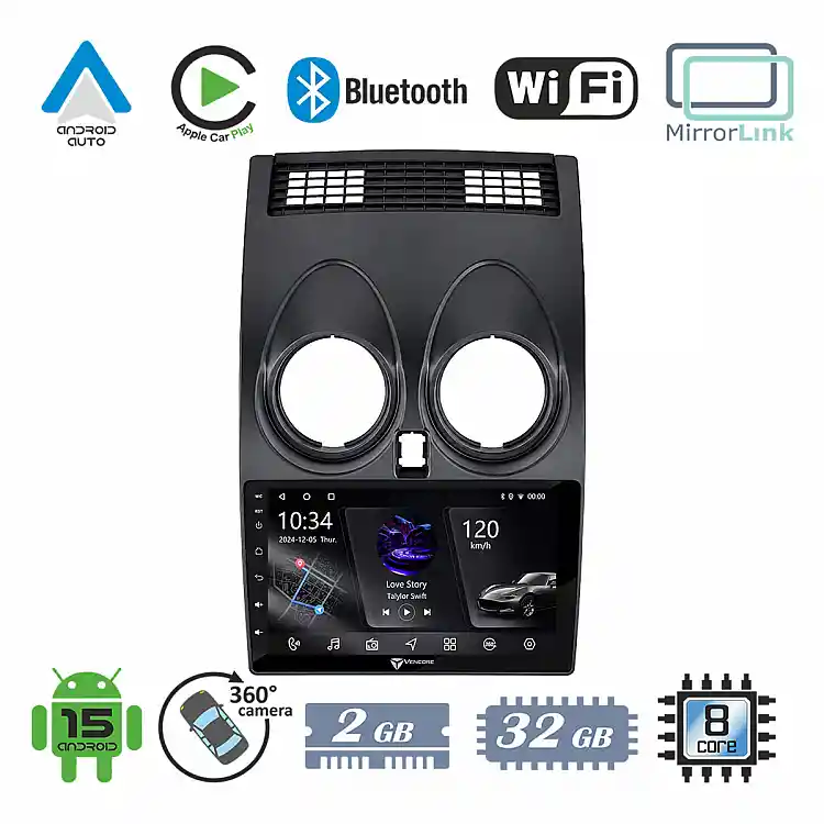 VenCore 3236-10005-0264AB - Οθόνη Multimedia Android 15 9" PX5S Octa-Core 2GB/32GB IPS με Πρόσοψη, CarPlay, Android Auto και Υποστήριξη Κάμερας 360° για Nissan Qashqai J10 2006-2013 – Μαύρη