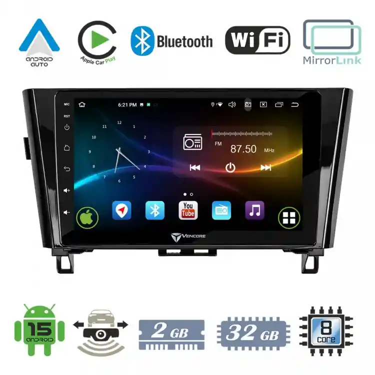 VenCore 3236-10008-0328B - Οθόνη Multimedia Android 15 10.1" 9109A MTK6762 Octa-Core 2GB/32GB IPS με Πρόσοψη, CarPlay, Android Auto και Υποστήριξη Κάμερας Οπισθοπορείας AHD για Nissan Qashqai 2014-2021 – Μαύρη