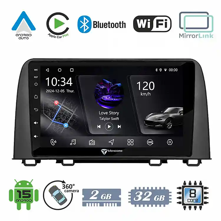 VenCore 3236-10006-0160B1 - Οθόνη Multimedia Android 15 10.1" PX5S Octa-Core 2GB/32GB IPS με Πρόσοψη, CarPlay, Android Auto και Υποστήριξη Κάμερας 360° για Honda CRV 2017-2022 – Μαύρη
