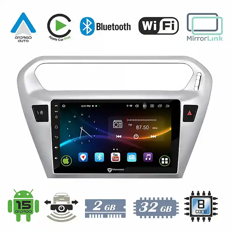 VenCore 3236-10007-0070S1 - Οθόνη Multimedia Android 15 9" 9109A MTK6762 Octa-Core 2GB/32GB IPS με Πρόσοψη, CarPlay, Android Auto και Υποστήριξη Κάμερας Οπισθοπορείας AHD για Citroen C-Elysee 2012-2026 – Ασημί