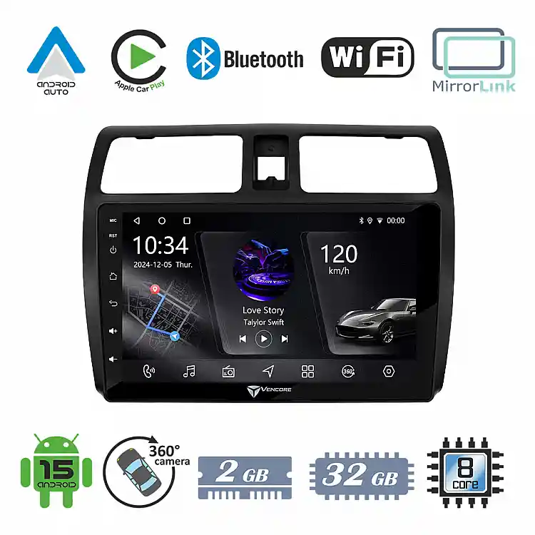 VenCore 3236-10006-0255B - Οθόνη Multimedia Android 15 10.1" PX5S Octa-Core 2GB/32GB IPS με Πρόσοψη, CarPlay, Android Auto και Υποστήριξη Κάμερας 360° για Suzuki Swift 2005-2010 – Μαύρη