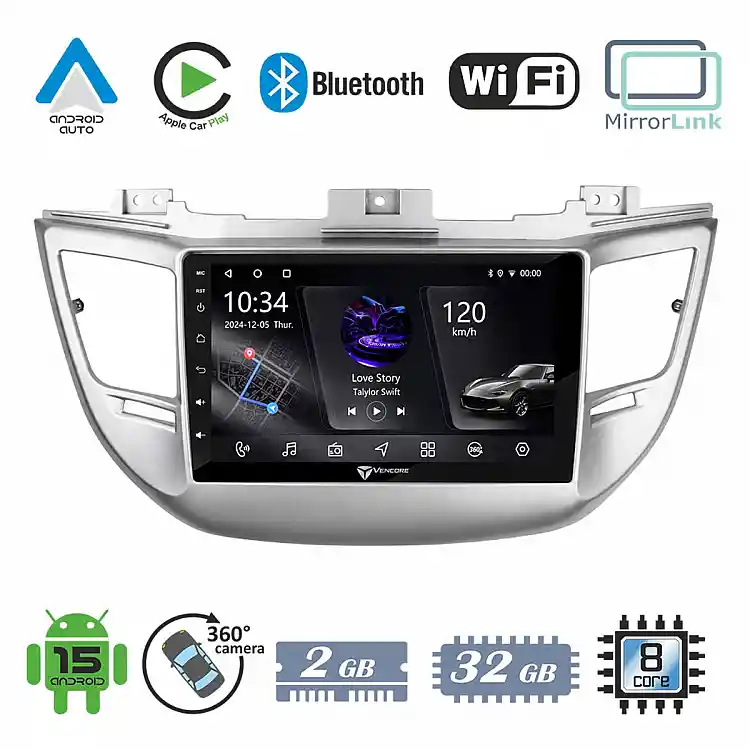 VenCore 3236-10005-0068S - Οθόνη Multimedia Android 15 9" PX5S Octa-Core 2GB/32GB IPS με Πρόσοψη, CarPlay, Android Auto και Υποστήριξη Κάμερας 360° για Hyundai Tucson 2015-2018 – Ασημί