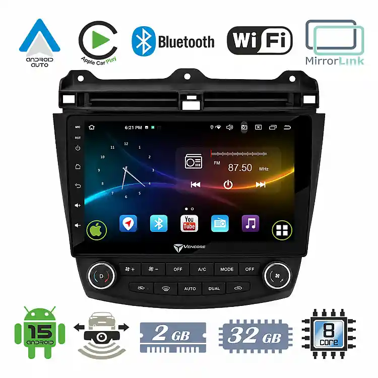 VenCore 3236-10008-0669B - Οθόνη Multimedia Android 15 10.1" 9109A MTK6762 Octa-Core 2GB/32GB IPS με Πρόσοψη, CarPlay, Android Auto και Υποστήριξη Κάμερας Οπισθοπορείας AHD για Honda Accord 2002-2008 – Μαύρη