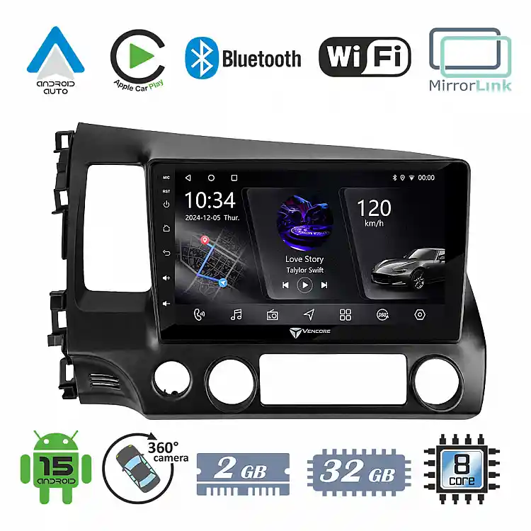 VenCore 3236-10006-0242B - Οθόνη Multimedia Android 15 10.1" PX5S Octa-Core 2GB/32GB IPS με Πρόσοψη, CarPlay, Android Auto και Υποστήριξη Κάμερας 360° για Honda Civic 2006-2011 – Μαύρη