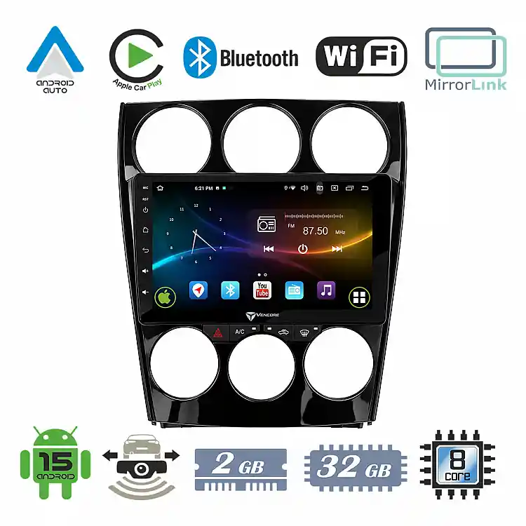 VenCore 3236-10007-0263B - Οθόνη Multimedia Android 15 9" 9109A MTK6762 Octa-Core 2GB/32GB IPS με Πρόσοψη, CarPlay, Android Auto και Υποστήριξη Κάμερας Οπισθοπορείας AHD για Mazda 6 2002-2008 – Μαύρη