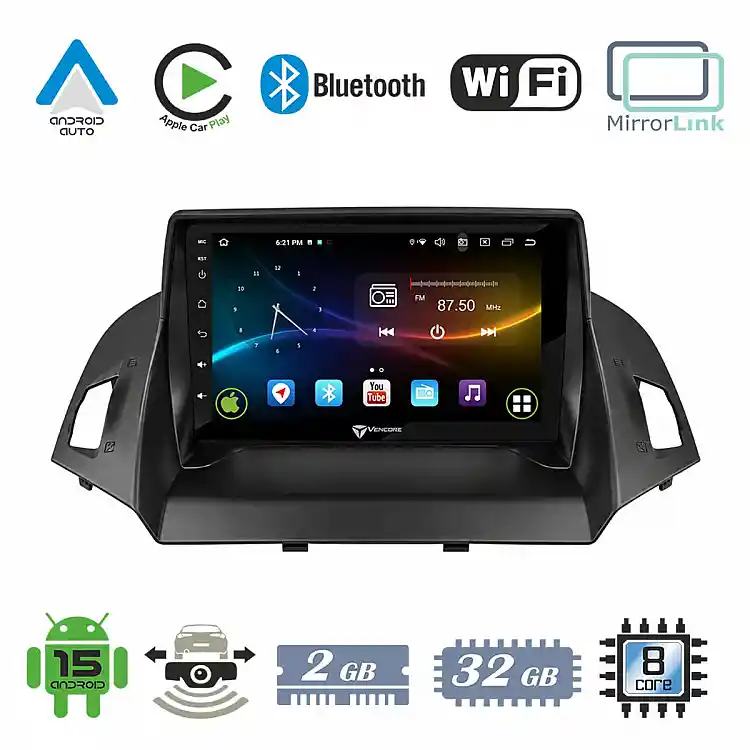 VenCore 3236-10007-0047B1 - Οθόνη Multimedia Android 15 9" 9109A MTK6762 Octa-Core 2GB/32GB IPS με Πρόσοψη, CarPlay, Android Auto και Υποστήριξη Κάμερας Οπισθοπορείας AHD για Ford C-Max 2011-2023 – Μαύρη