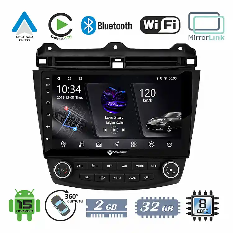 VenCore 3236-10006-0669B - Οθόνη Multimedia Android 15 10.1" PX5S Octa-Core 2GB/32GB IPS με Πρόσοψη, CarPlay, Android Auto και Υποστήριξη Κάμερας 360° για Honda Accord 2002-2008 – Μαύρη