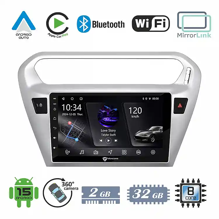 VenCore 3236-10005-0070S - Οθόνη Multimedia Android 15 9" PX5S Octa-Core 2GB/32GB IPS με Πρόσοψη, CarPlay, Android Auto και Υποστήριξη Κάμερας 360° για Peugeot 301 2012-2023 – Ασημί