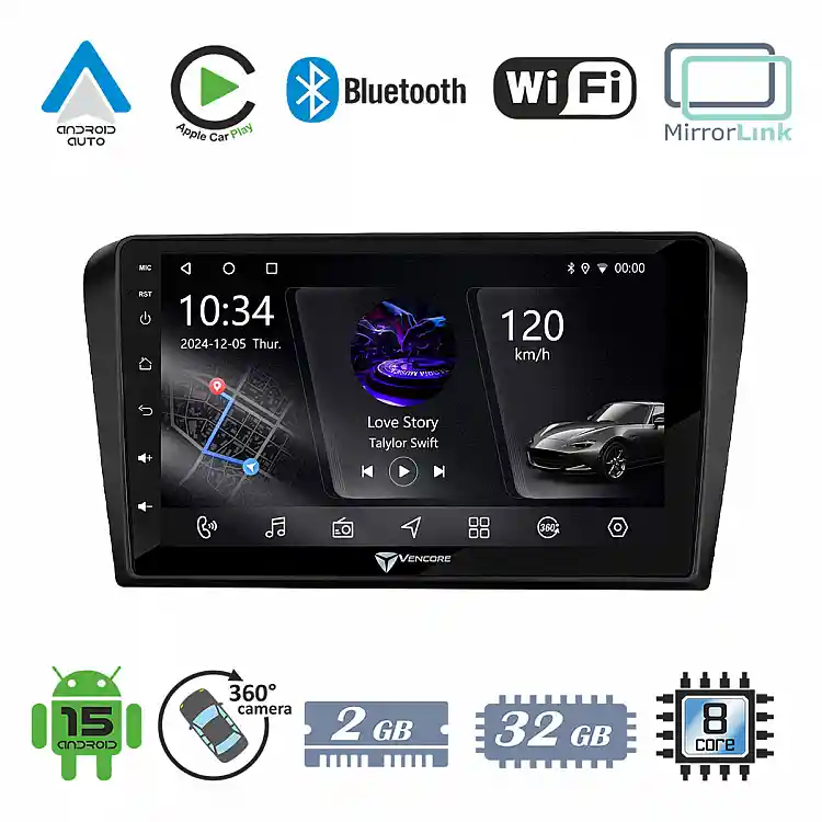 VenCore 3236-10005-0245B - Οθόνη Multimedia Android 15 9" PX5S Octa-Core 2GB/32GB IPS με Πρόσοψη, CarPlay, Android Auto και Υποστήριξη Κάμερας 360° για Mazda 3 2004-2009 – Μαύρη