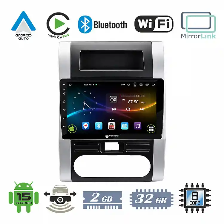 VenCore 3236-10008-0223S - Οθόνη Multimedia Android 15 10.1" 9109A MTK6762 Octa-Core 2GB/32GB IPS με Πρόσοψη, CarPlay, Android Auto και Υποστήριξη Κάμερας Οπισθοπορείας AHD για Nissan X-Trail 2007-2013 – Ασημί