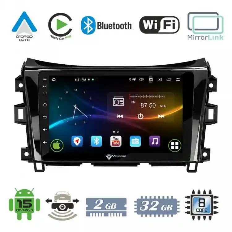 VenCore 3236-10007-0340B - Οθόνη Multimedia Android 15 9" 9109A MTK6762 Octa-Core 2GB/32GB IPS με Πρόσοψη, CarPlay, Android Auto και Υποστήριξη Κάμερας Οπισθοπορείας AHD για Nissan Navara 2016-2022 – Μαύρη