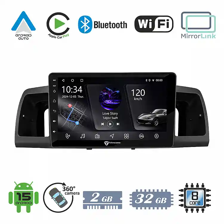 VenCore 3236-10005-0254B - Οθόνη Multimedia Android 15 9" PX5S Octa-Core 2GB/32GB IPS με Πρόσοψη, CarPlay, Android Auto και Υποστήριξη Κάμερας 360° για Toyota Corolla 2002-2006 – Μαύρη