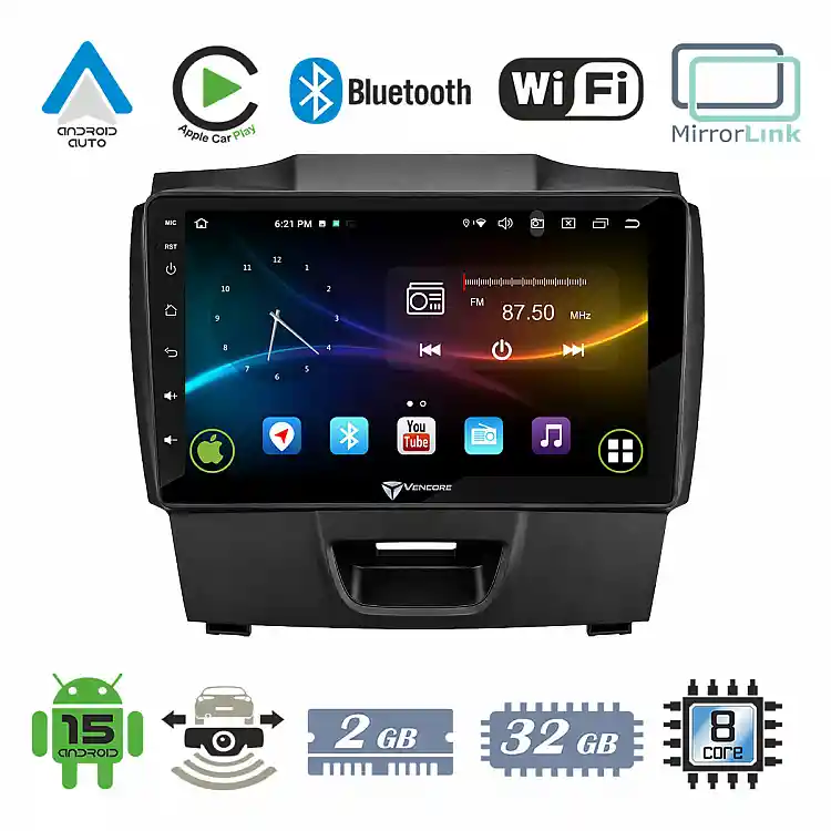 VenCore 3236-10007-0273B - Οθόνη Multimedia Android 15 9" 9109A MTK6762 Octa-Core 2GB/32GB IPS με Πρόσοψη, CarPlay, Android Auto και Υποστήριξη Κάμερας Οπισθοπορείας AHD για Isuzu D-MAX 2012-2019 – Μαύρη