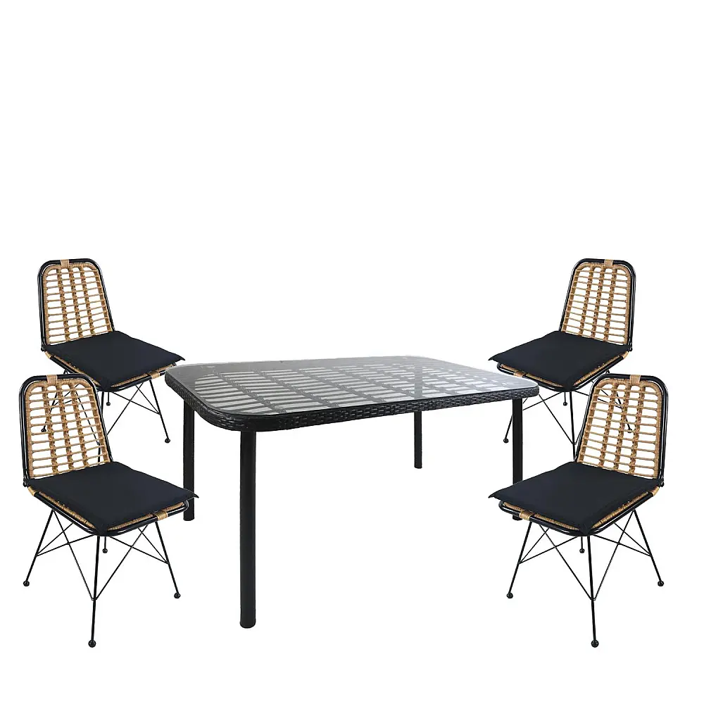 ArteLibre Σετ Τραπεζαρία Κήπου ArteLibre AMPLAS Μαύρο Μέταλλο/Rattan/Γυαλί Με 4 Καρέκλες 14990371 - 14990371 - inde.gr