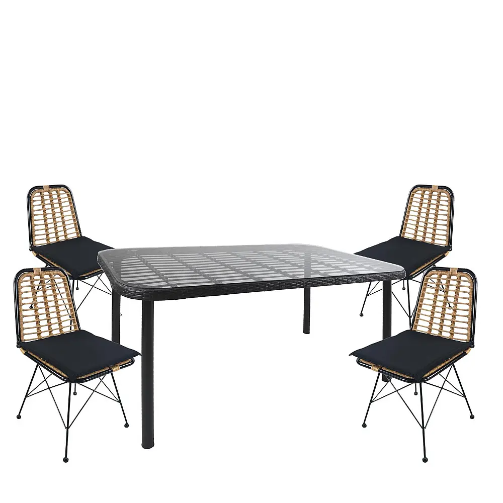 ArteLibre Σετ Τραπεζαρία Κήπου ArteLibre AMPIUS Μαύρο Μέταλλο/Rattan/Γυαλί Με 4 Καρέκλες 14990373 - 14990373 - inde.gr
