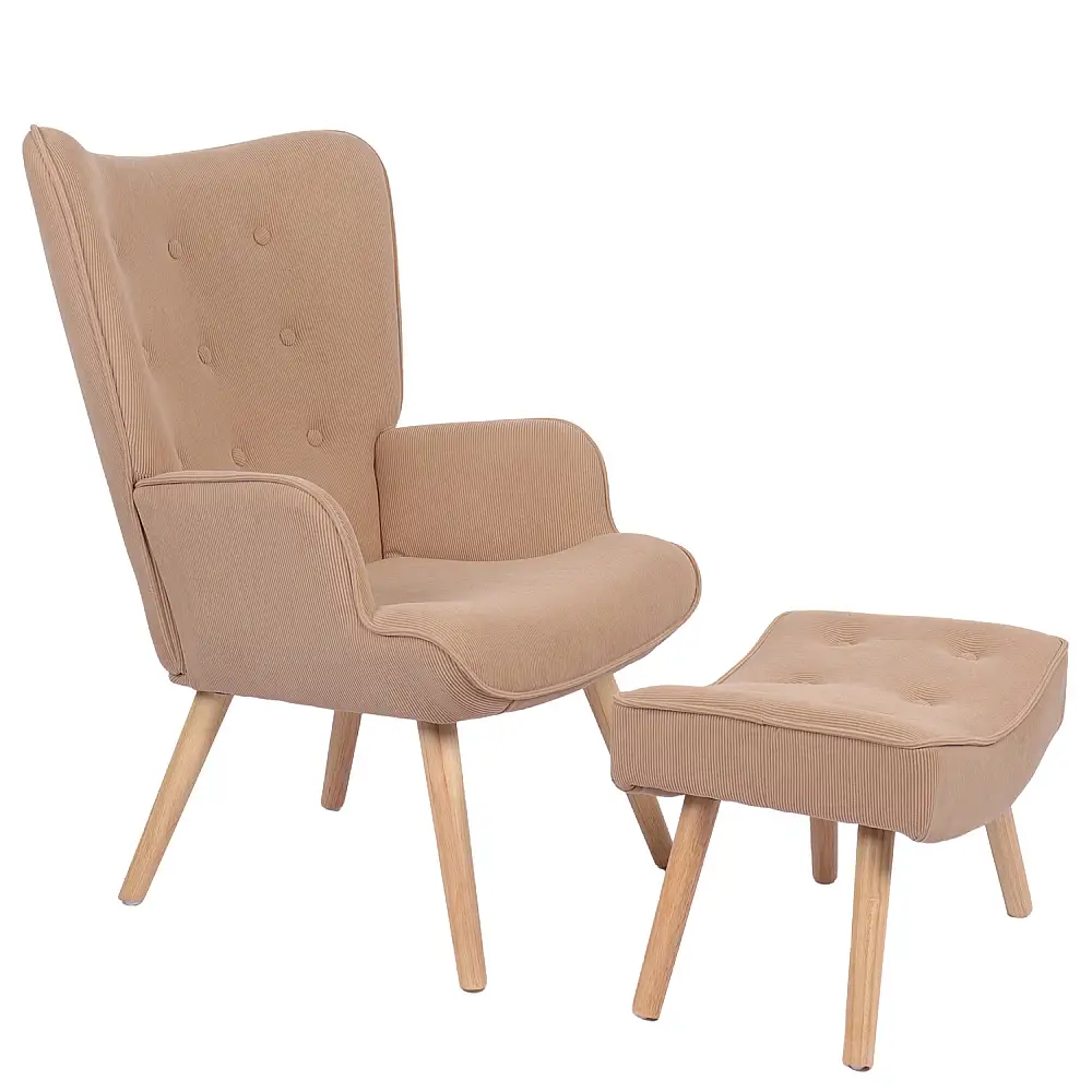 ArteLibre Πολυθρόνα Μπερζέρα Με Υποπόδιο ArteLibre ANIDORI Ανοιχτό Καφέ Ύφασμα/Ξύλο 73x69x96cm - 14770067 - inde.gr