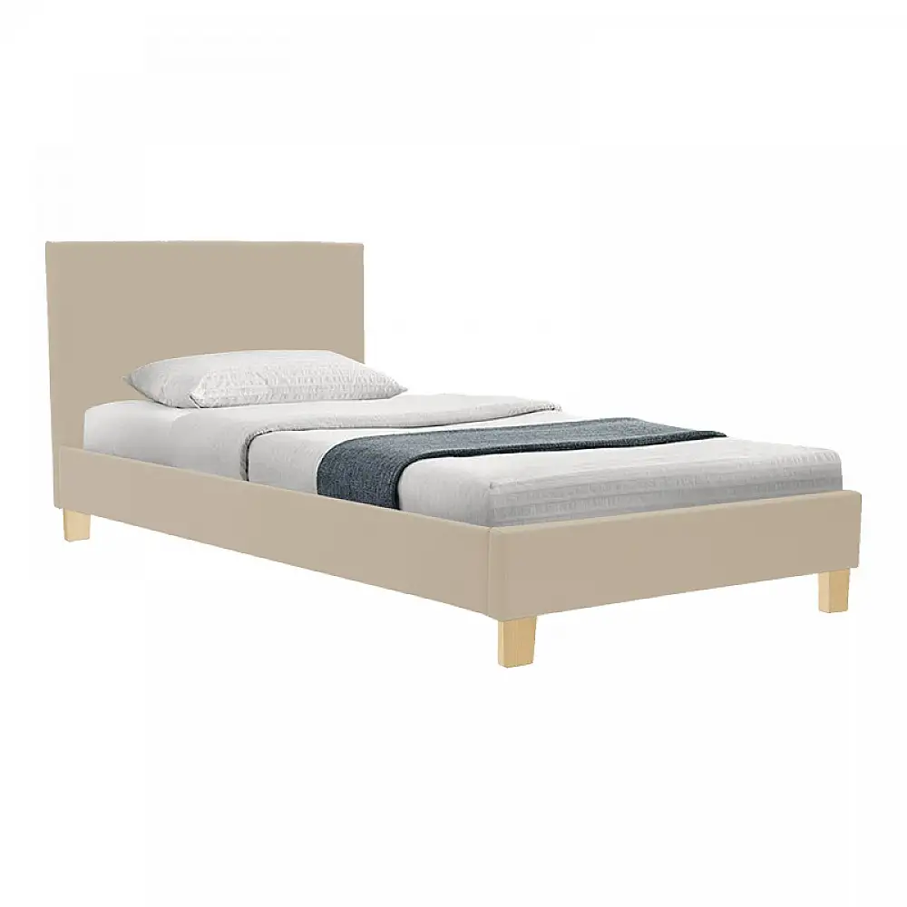Κρεβάτι Nevil pakoworld ύφασμα εκρού με ξύλινο πόδι σε φυσική απόχρωση 100x200εκ