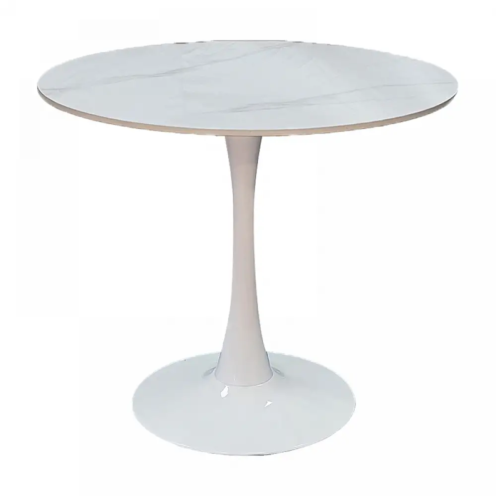 Tραπέζι Balou pakoworld sintered stone σε λευκή απόχρωση με όψη μαρμάρου-βάση λευκό μέταλλο Φ120x73εκ