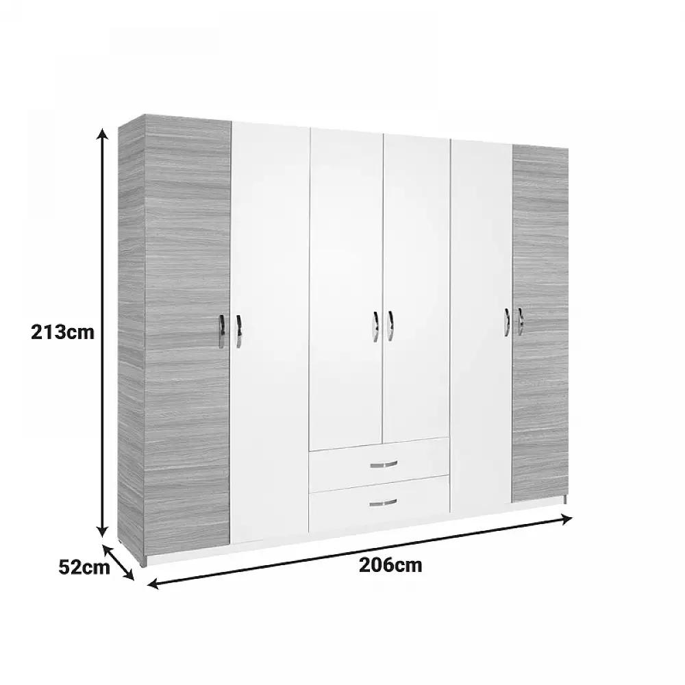Ντουλάπα ρούχων Dormie pakoworld εξάφυλλη με συρτάρια σε λευκή απόχρωση 206x52x213εκ