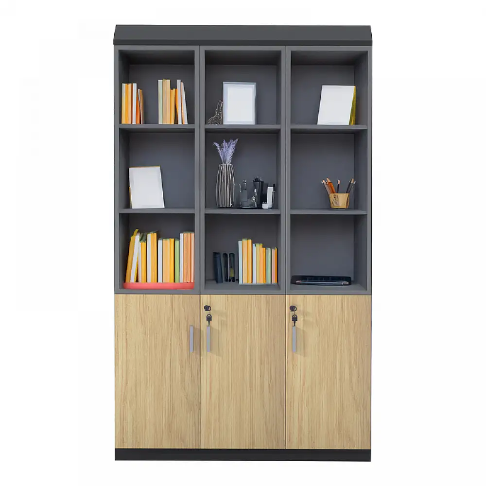 Ντουλάπα γραφείου με γυάλινες πόρτες Lotus pakoworld χρώμα φυσικό - ανθρακί 120x40x200εκ