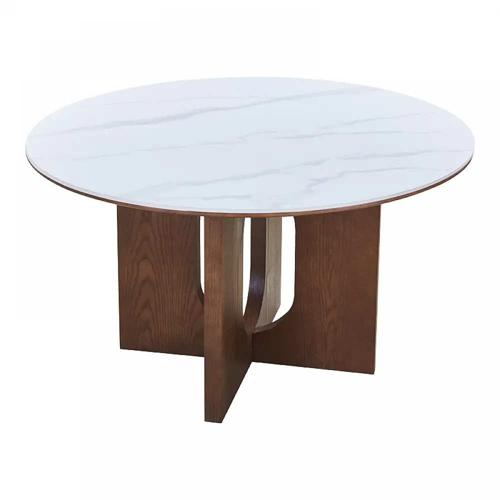 Τραπέζι Merge pakoworld sintered stone-mdf σε λευκό μαρμάρου με καρυδί βάση Φ130x75εκ