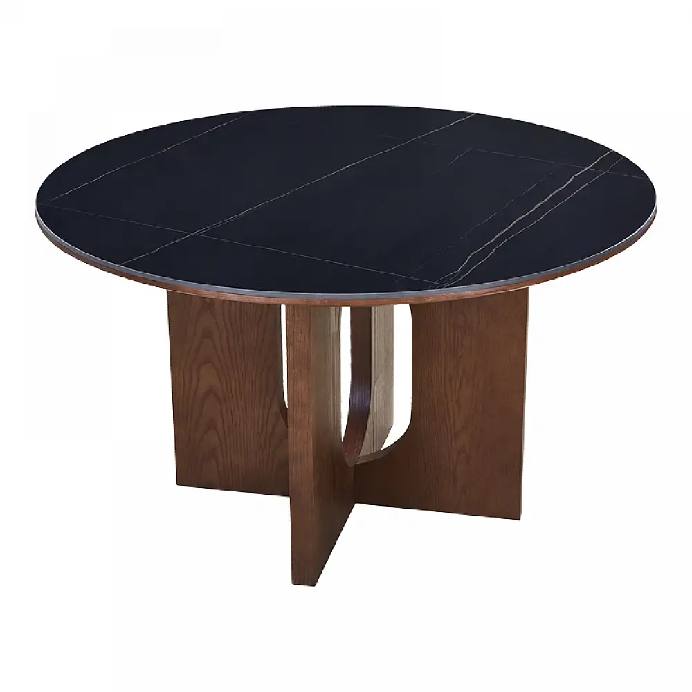 Τραπέζι Merge pakoworld sintered stone-mdf σε μαύρο μαρμάρου με καρυδί βάση Φ130x75εκ