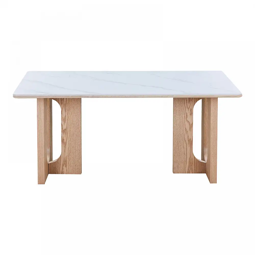 Τραπέζι Benqui pakoworld sintered stone-mdf σε λευκό μαρμάρου με βάση σε φυσική απόχρωση 160x90x75εκ