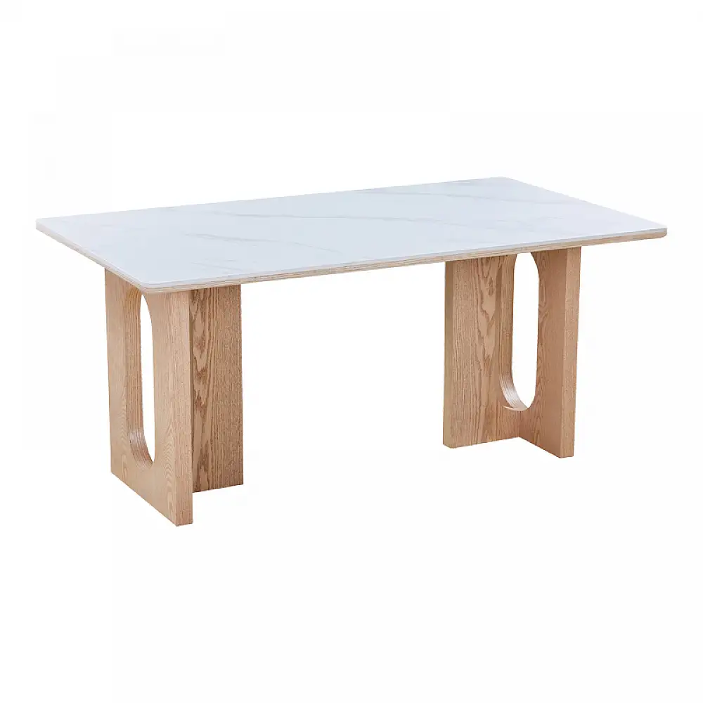 Τραπέζι Benqui pakoworld sintered stone-mdf σε λευκό μαρμάρου με βάση σε φυσική απόχρωση 160x90x75εκ