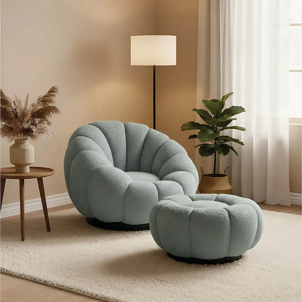 Πολυθρόνα περιστρεφόμενη με σκαμπό Nester pakoworld μπουκλέ ύφασμα σε φυστικί απόχρωση 98x97x69εκ