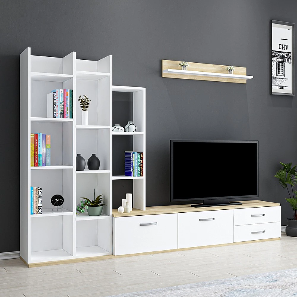 Σύνθετο σαλονιού Leman pakoworld σε λευκή-oak απόχρωση 240x35x154εκ