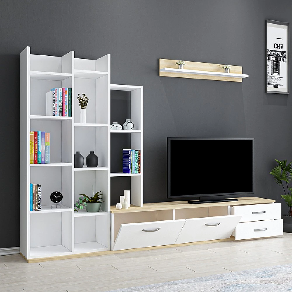 Σύνθετο σαλονιού Leman pakoworld σε λευκή-oak απόχρωση 240x35x154εκ Σύνθετο σαλονιού Leman pakoworld σε λευκή-oak απόχρωση 240x35x154εκ